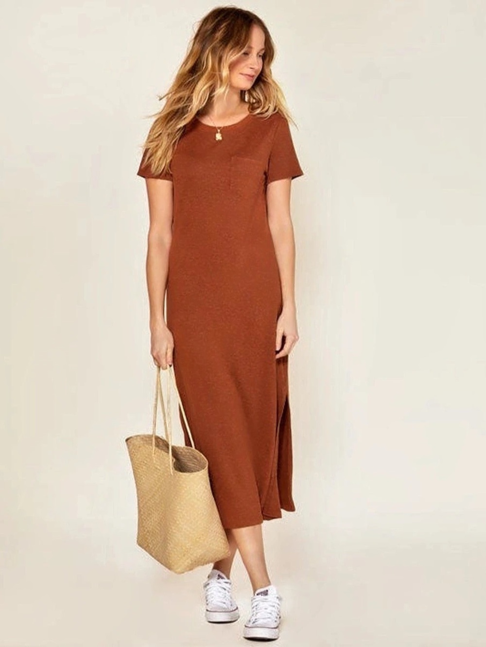 Outerknown Neptune Tee Dress Brown Midi Dress Size Small